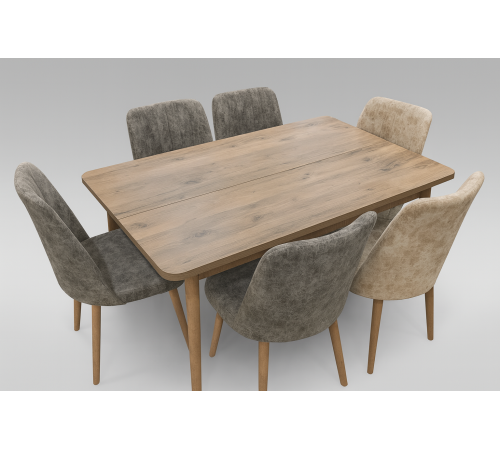 მაგიდა 6 სკამით კომპლექტი ნაცრისფერი სკამებით