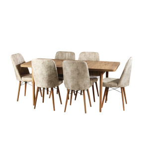 მაგიდა 6 სკამით კომპლექტი ბეჟი სკამებით