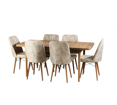 მაგიდა 6 სკამით კომპლექტი ბეჟი სკამებით