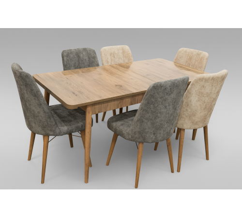 მაგიდა 6 სკამით კომპლექტი ბეჟი სკამებით