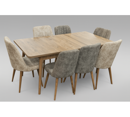 მაგიდა 6 სკამით კომპლექტი ბეჟი სკამებით