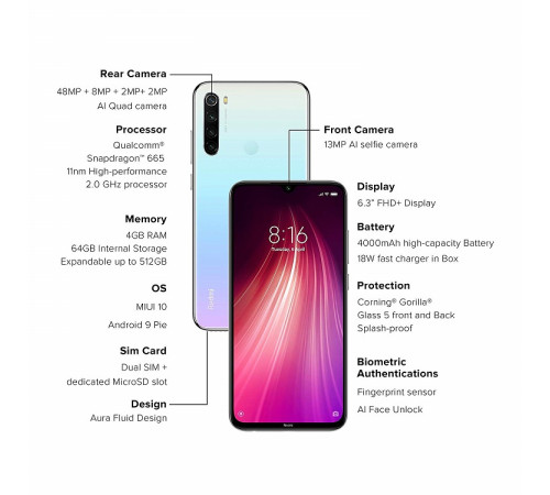 მობილური ტელეფონი XIAOMI Redmi Note 8 (Global version) 4GB/64GB WHITE მობილური ტელეფონი XIAOMI Redmi Note 8 (Global version) 4GB/64GB WHITE